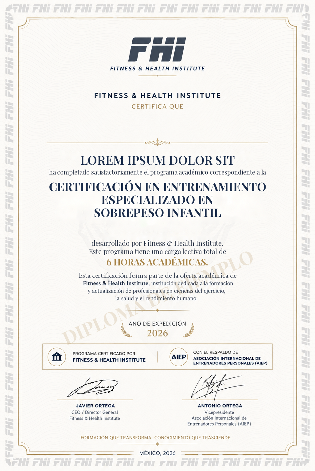 Ejemplo del diploma FHI de la Certificación en Entrenamiento Especializado en Sobrepeso Infantil